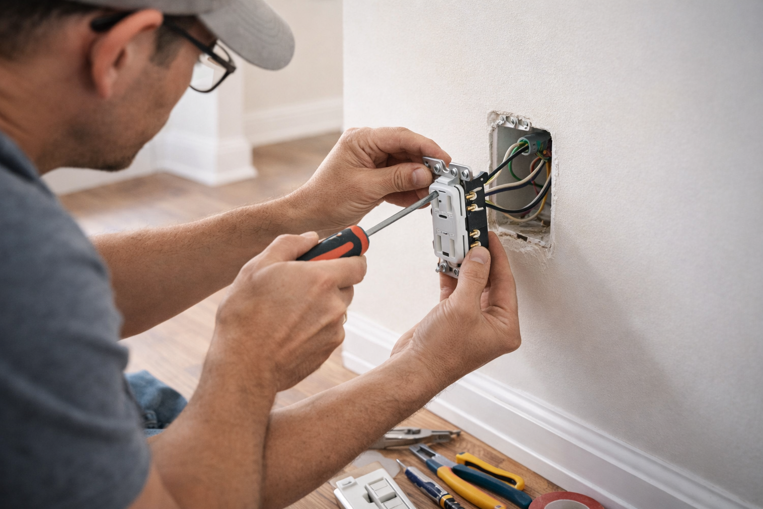 Handyman installing electrical outlet and wiring in LaGrange MO and Quincy IL