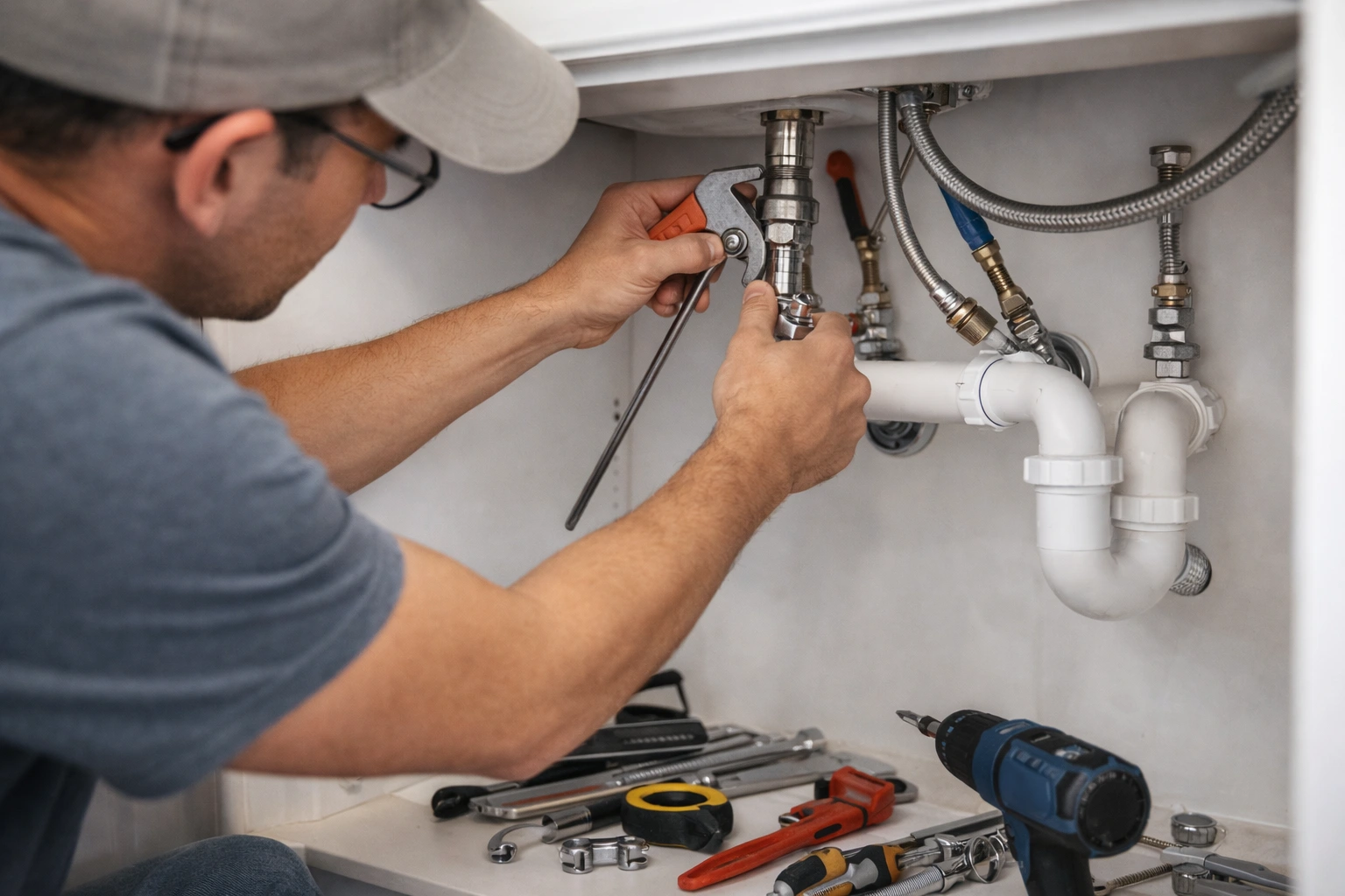 Handyman fixing kitchen sink faucet and plumbing pipes in LaGrange MO and Quincy IL